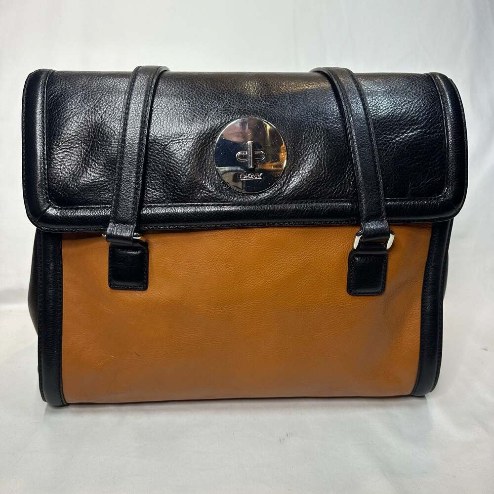 Donna Karen New York DKNY Large Leather Satchel Handbag Block British Tan Black